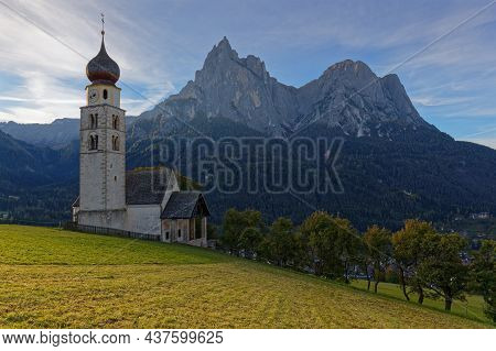 San Valentino Church In Alpe Di Suisi Village, Dolomites Mountains, Trentino Alto Adige, Italy