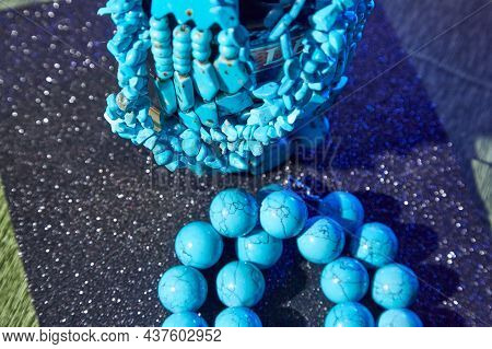 Beautiful Blue Beads. The Concept Of A Beautiful, Elegant Life And Beautiful Decoration For Woman
