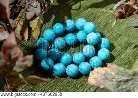 Beautiful Blue Beads. The Concept Of A Beautiful, Elegant Life And Beautiful Decoration For Woman