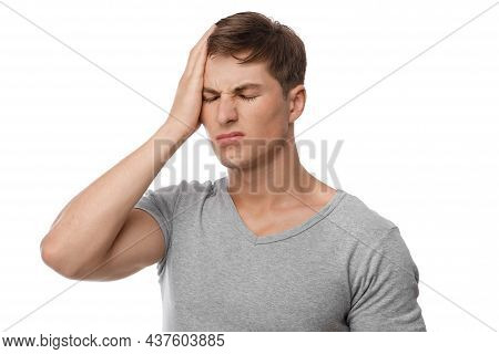 Upset Frustration Young European Male Suffering From Migraine, Feeling Unwell, Isolated On White Bac