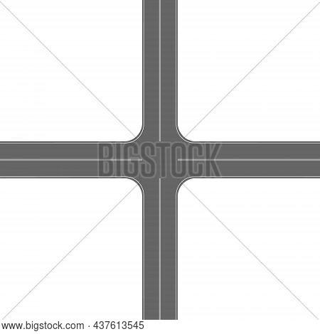 Crossroad Intersection With Marking Top View. Highway Part With Crossing Roads Isolated On White Bac
