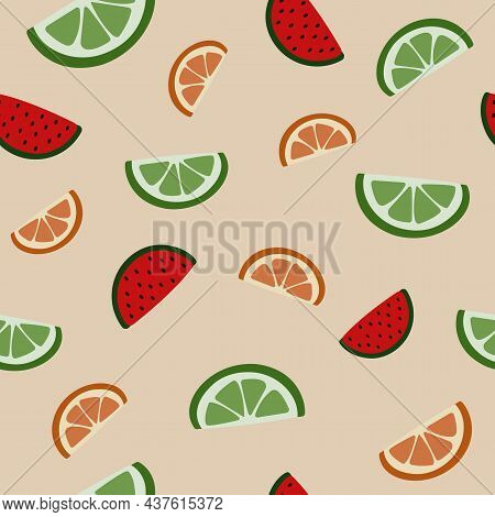 Seamless Pattern With Slices Of Fruit On A Peach Background