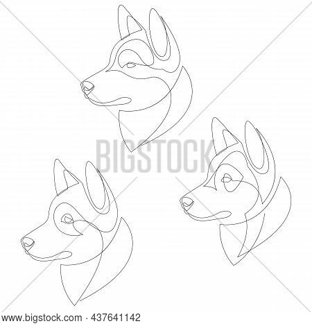 Siberian Husky Dog Portrait Set. Continuous Line. Dog Line Drawing. Vector One Line Illustration.