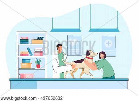 Smiling Vet Examining Cute Dog In Veterinary Clinic. Cartoon Veterinarian Surgeon Treating Pet In Me