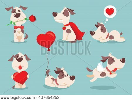Vector Illustration Set Of Cute And Funny Cartoon Little Valentine Dogs-pupies In Love With Heart, R
