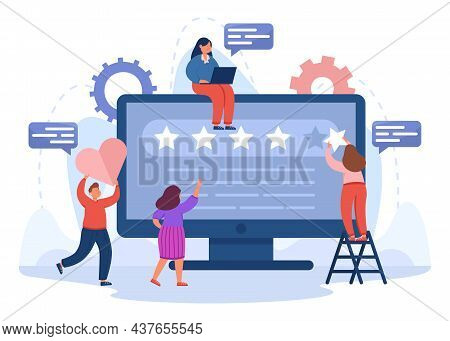 Team Of Analysts Working On Brand Reputation In Social Media. Tiny Male And Female Managers Holding 
