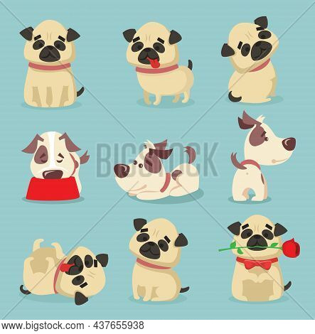 Vector Illustration Set Of Cute And Funny Cartoon Little Dogs-pupies.