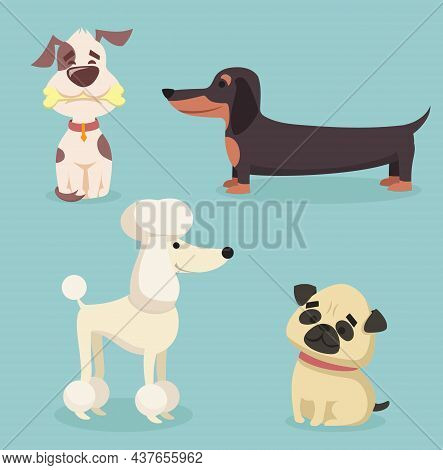 Vector Illustration Set Of Cute And Funny Cartoon Little Dogs-pupies.