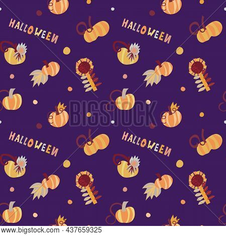 Seamless Vector Pattern In Autumn Colors With Halloween Elements Such As Pumpkins, Sunflowers, Etc. 