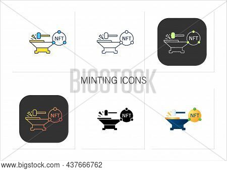 Minting Icons Set. Tokenizes Digital Asset On Blockchain. Minting Cryptocurrency. Digitalization Con