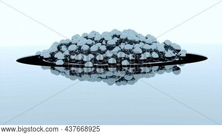 Cube Of Balls Disintegrates On Isolated Background. Design. 3d Cube Descends To Surface And Splits I