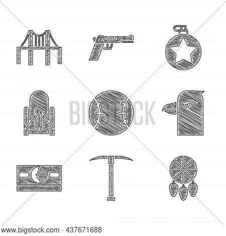 Set Baseball Ball, Pickaxe, Dream Catcher With Feathers, Eagle Head, Stacks Paper Money Cash, Rocket