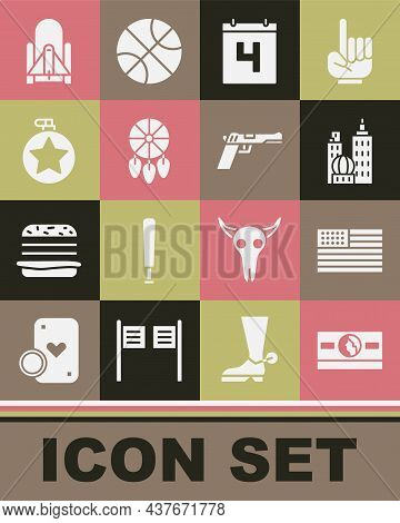 Set Stacks Paper Money Cash, American Flag, City Landscape, Calendar With Date July 4, Dream Catcher
