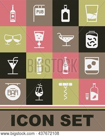 Set Vodka With Pepper And Glass, Glass Of Whiskey, Pickled Cucumbers In Jar, Whiskey Bottle, Wine, C