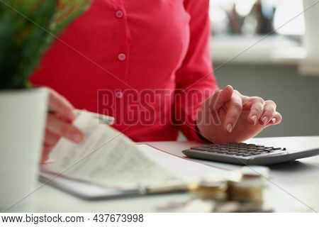 Close-up Of Office Worker Calculate Financial Situation In Company, Female Accountant Use Calculator