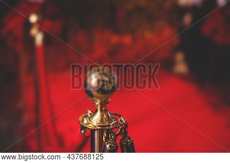 View Of Red Carpet Between Ropes And Golden Barriers On A Luxury Party Entrance, Cinema Premiere Fil