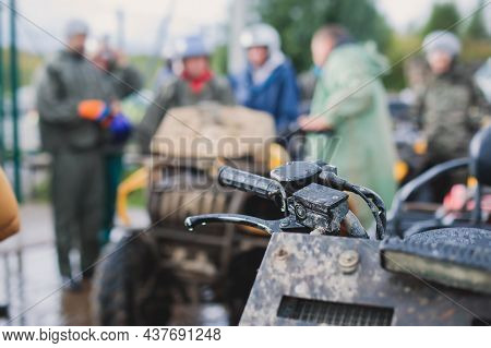 Group Of Riders Riding Atv Vehicle On Off Road Track, Process Of Driving Atv Vehicle, All Terrain Qu