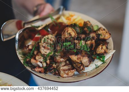 Variety Assortment Of Traditional Main Course Meat Barbecue Grill Dishes Of Caucasian Cuisine, With