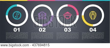 Set Line Yin Yang, Gong, Chinese Conical Straw Hat And Fish Steak. Business Infographic Template. Ve