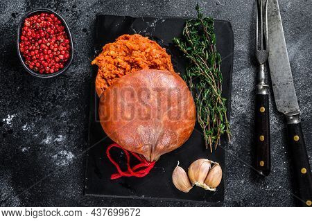 Balearic Sobrassada Cured Meat Sausage From Ground Pork, Paprika And . Black Background. Top View