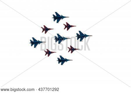 Moscow, Russia - May, 09, 2021: Diamond-shape Of 4 Mig-29 The Russian Knights And 5 Su-27 Swifts In 