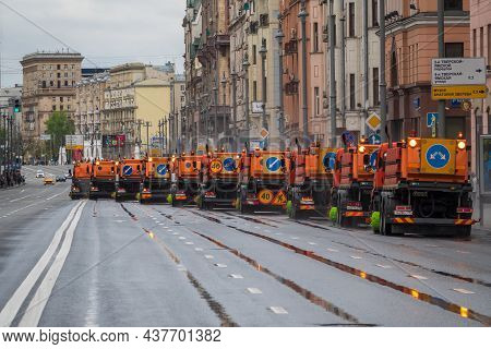 Moscow, Russia - May 9, 2021: A Column Of Sweeper Cars After The May 9 Parade In Moscow. The Street 