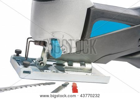 Seghe da traforo elettrico con parti ricambio, closeup Shot