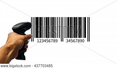 Bar Code. Retail Label Barcode Scan. Reader Laser Scanner For Warehouse Holding Hand. Product Code D