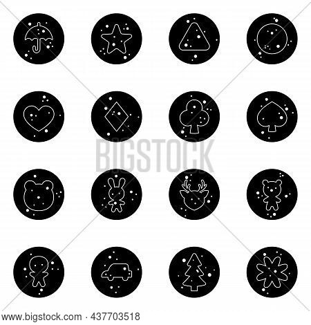 Set Of Candies Dalgona With Various Shapes. Silhouette Ppopgi Pattern. Vector Flat Illustration