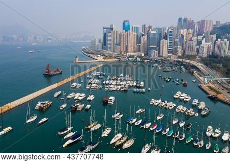 Causeway Bay, Hong Kong 01 July 2021: Top down view of Hong Kong typhoon shelter 