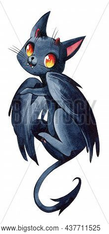 Set Of Watercolor Cliparts. Cute Mystical Cats. Witch Cats In A Hat, A Ghost Cat, An Angel Cat And A