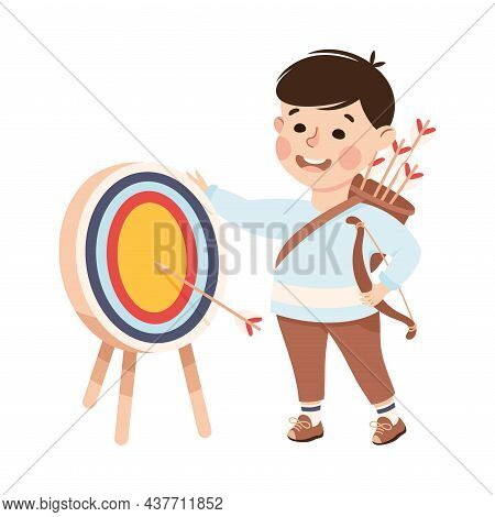 Cute Little Boy With Bow And Arrows Doing Archery Practicing Sport And Physical Activity Vector Illu