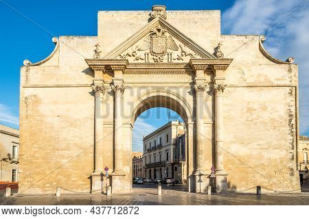 Lecce,italy - September 3,2021 - View At The Triumphal Arch In The Streets Of Lecce. Lecce Is A Hist