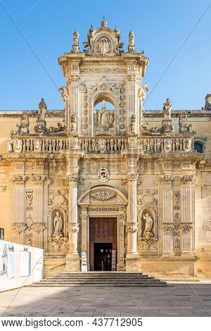 Lecce,italy - September 3,2021 - View At The Cathedral Of Virgin Mary In Lecce. Lecce Is A Historic 
