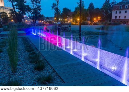 Bydgoszcz, Poland - July 25, 2021: Dusk View On Fountains At Rother Millson On Mill Island.