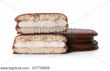 Delicious Choco Pies On White Background. Classic Snack Cakes
