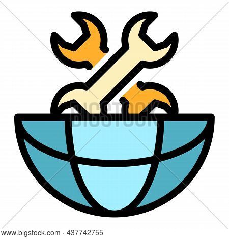 Two Wrenches In Half A Globe Icon. Outline Two Wrenches In Half A Globe Vector Icon Color Flat Isola