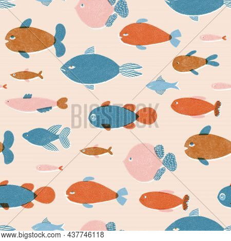Fish Pattern In Retro Risograph Printing Style. Cartoon Aquatic Fishes Illustration.