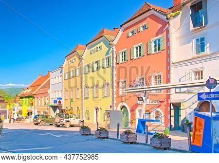 Murau - June 2020, Austria: A Row Of The Old Colorful Historic Buildings On The Main Square Of The S