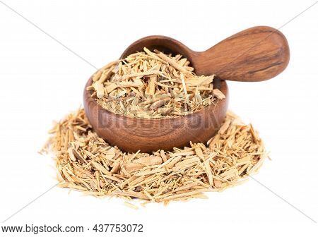 Muira Puama Herbal Tea In Wooden Bowl And Spoon, Isolated On White Background. Natural Potency Wood,