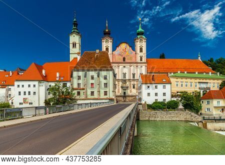 View Of The St. Michael's Church And The Zwischenbrucken Bridge In The City Of Steyr, Austria