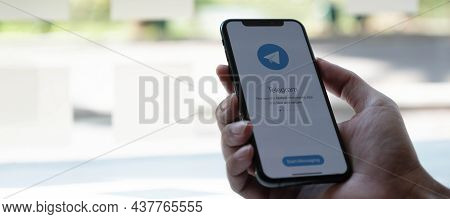 Chiang Mai, Thailand May 6 2020 : Telegram Application Icon On Apple Iphone Xs Screen Close-up. Tele