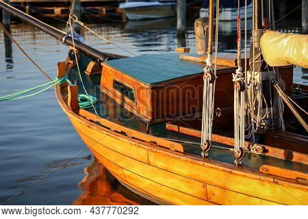 Details Of A Sailboat. A Sailboat With A Hull Made Of The Finest Machined Wood.