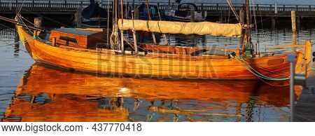 Details Of A Sailboat. A Sailboat With A Hull Made Of The Finest Machined Wood.