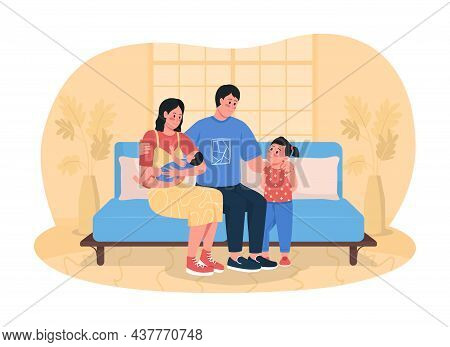 Happy Family 2d Vector Isolated Illustration. Sister Meet Infant Brother. Smiling Parents With Child