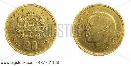 Morocco Twenty Santimat Coin Against White Isolated Background