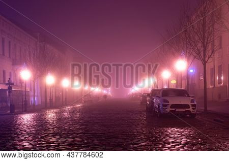 Klaipeda, Lithuania - 01 01 2021: Foggy New Year Night In The City. Ships And Yachts Silhouettes In 