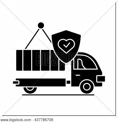 Heavy Goods Delivery Glyph Icon. Truck And Sea Cargo Container Loaded. Safe International Trade Logi
