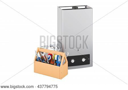 Gas Water Heater With Toolbox. Service And Repair Of Gas Tankless Water Heater Concept. 3d Rendering