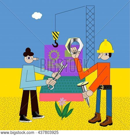 Building Website Concept Two Engineers Constuct Future Web Site Illustration